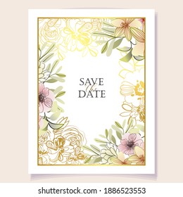 Vintage delicate greeting invitation card template design with flowers for wedding, marriage, bridal, birthday, Valentine's day. Romantic vector illustration.