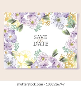 Vintage delicate greeting invitation card template design with flowers for wedding, marriage, bridal, birthday, Valentine's day. Romantic vector illustration.