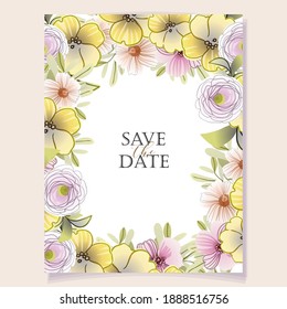 Vintage delicate greeting invitation card template design with flowers for wedding, marriage, bridal, birthday, Valentine's day. Romantic vector illustration.