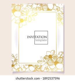 Vintage delicate greeting invitation card template design with flowers for wedding, marriage, bridal, birthday, Valentine's day. Romantic vector illustration.