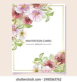 Vintage delicate greeting invitation card template design with flowers for wedding, marriage, bridal, birthday, Valentine's day. Romantic vector illustration.