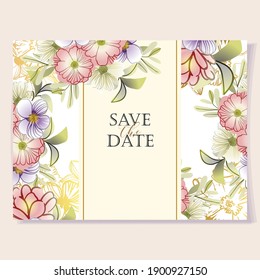 Vintage delicate greeting invitation card template design with flowers for wedding, marriage, bridal, birthday, Valentine's day. Romantic vector illustration.