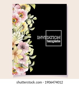 Vintage delicate greeting invitation card template design with flowers for wedding, marriage, bridal, birthday, Valentine's day. Romantic vector illustration.