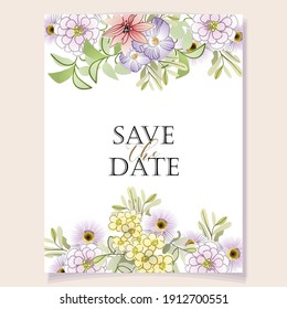 Vintage delicate greeting invitation card template design with flowers for wedding, marriage, bridal, birthday, Valentine's day. Romantic vector illustration.