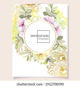 Vintage delicate greeting invitation card template design with flowers for wedding, marriage, bridal, birthday, Valentine's day. Romantic vector illustration.