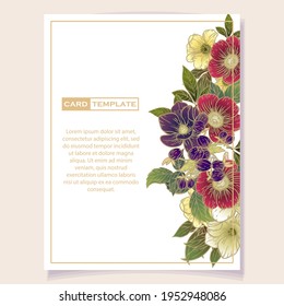 Vintage delicate greeting invitation card template design with flowers for wedding, marriage, bridal, birthday, Valentine's day. Romantic vector illustration.
