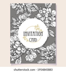 Vintage delicate greeting invitation card template design with flowers for wedding, marriage, bridal, birthday, Valentine's day. Romantic vector illustration.