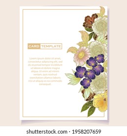 Vintage delicate greeting invitation card template design with flowers for wedding, marriage, bridal, birthday, Valentine's day. Romantic vector illustration.