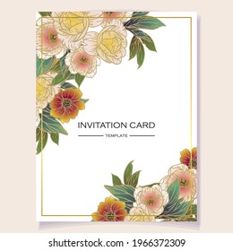 Vintage delicate greeting invitation card template design with flowers for wedding, marriage, bridal, birthday, Valentine's day. Romantic vector illustration.