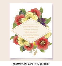 Vintage delicate greeting invitation card template design with flowers for wedding, marriage, bridal, birthday, Valentine's day. Romantic vector illustration.