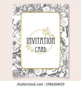 Vintage delicate greeting invitation card template design with flowers for wedding, marriage, bridal, birthday, Valentine's day. Romantic vector illustration.