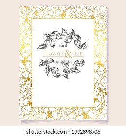 Vintage delicate greeting invitation card template design with flowers for wedding, marriage, bridal, birthday, Valentine's day. Romantic vector illustration.