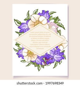 Vintage delicate greeting invitation card template design with flowers for wedding, marriage, bridal, birthday, Valentine's day. Romantic vector illustration.