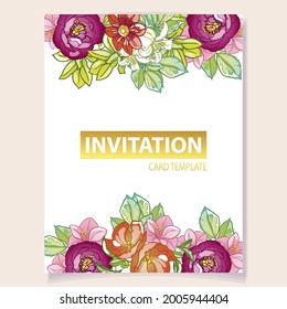 Vintage delicate greeting invitation card template design with flowers for wedding, marriage, bridal, birthday, Valentine's day. Romantic vector illustration.