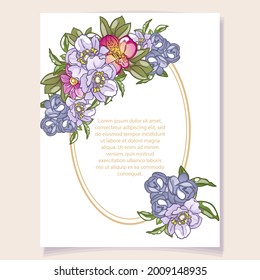 Vintage delicate greeting invitation card template design with flowers for wedding, marriage, bridal, birthday, Valentine's day. Romantic vector illustration.
