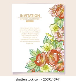 Vintage delicate greeting invitation card template design with flowers for wedding, marriage, bridal, birthday, Valentine's day. Romantic vector illustration.