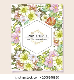 Vintage delicate greeting invitation card template design with flowers for wedding, marriage, bridal, birthday, Valentine's day. Romantic vector illustration.