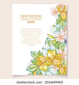 Vintage delicate greeting invitation card template design with flowers for wedding, marriage, bridal, birthday, Valentine's day. Romantic vector illustration.
