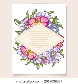 Vintage delicate greeting invitation card template design with flowers for wedding, marriage, bridal, birthday, Valentine's day. Romantic vector illustration.