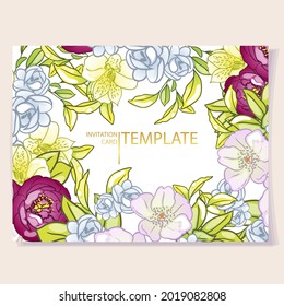 Vintage delicate greeting invitation card template design with flowers for wedding, marriage, bridal, birthday, Valentine's day. Romantic vector illustration.