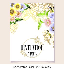 Vintage delicate greeting invitation card template design with flowers for wedding, marriage, bridal, birthday, Valentine's day. Romantic vector illustration.