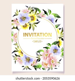 Vintage delicate greeting invitation card template design with flowers for wedding, marriage, bridal, birthday, Valentine's day. Romantic vector illustration.
