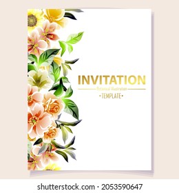 Vintage delicate greeting invitation card template design with flowers for wedding, marriage, bridal, birthday, Valentine's day. Romantic vector illustration.