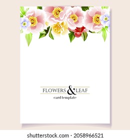 Vintage delicate greeting invitation card template design with flowers for wedding, marriage, bridal, birthday, Valentine's day. Romantic vector illustration.