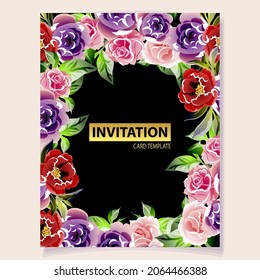 Vintage delicate greeting invitation card template design with flowers for wedding, marriage, bridal, birthday, Valentine's day. Romantic vector illustration.