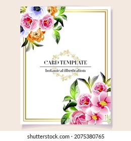 Vintage delicate greeting invitation card template design with flowers for wedding, marriage, bridal, birthday, Valentine's day. Romantic vector illustration.