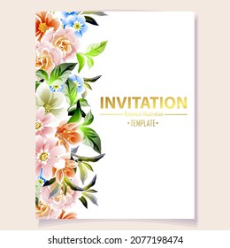 Vintage delicate greeting invitation card template design with flowers for wedding, marriage, bridal, birthday, Valentine's day. Romantic vector illustration.