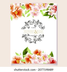 Vintage delicate greeting invitation card template design with flowers for wedding, marriage, bridal, birthday, Valentine's day. Romantic vector illustration.