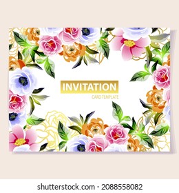 Vintage delicate greeting invitation card template design with flowers for wedding, marriage, bridal, birthday, Valentine's day. Romantic vector illustration.