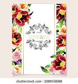 Vintage delicate greeting invitation card template design with flowers for wedding, marriage, bridal, birthday, Valentine's day. Romantic vector illustration.