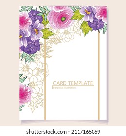 Vintage delicate greeting invitation card template design with flowers for wedding, marriage, bridal, birthday, Valentine's day. Romantic vector illustration.