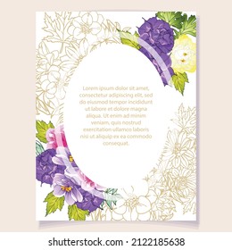 Vintage delicate greeting invitation card template design with flowers for wedding, marriage, bridal, birthday, Valentine's day. Romantic vector illustration.