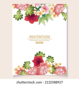 Vintage delicate greeting invitation card template design with flowers for wedding, marriage, bridal, birthday, Valentine's day. Romantic vector illustration.