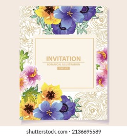 Vintage delicate greeting invitation card template design with flowers for wedding, marriage, bridal, birthday, Valentine's day. Romantic vector illustration.
