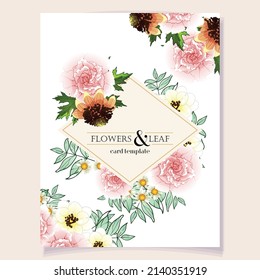 Vintage delicate greeting invitation card template design with flowers for wedding, marriage, bridal, birthday, Valentine's day. Romantic vector illustration.