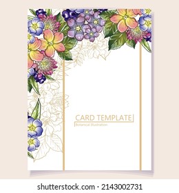 Vintage delicate greeting invitation card template design with flowers for wedding, marriage, bridal, birthday, Valentine's day. Romantic vector illustration.