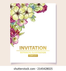 Vintage delicate greeting invitation card template design with flowers for wedding, marriage, bridal, birthday, Valentine's day. Romantic vector illustration.