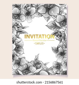 Vintage delicate greeting invitation card template design with flowers for wedding, marriage, bridal, birthday, Valentine's day. Romantic vector illustration.