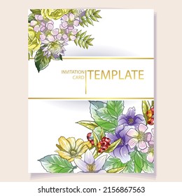 Vintage delicate greeting invitation card template design with flowers for wedding, marriage, bridal, birthday, Valentine's day. Romantic vector illustration.