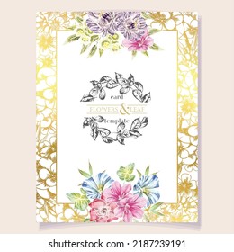 Vintage delicate greeting invitation card template design with flowers for wedding, marriage, bridal, birthday, Valentine's day. Romantic vector illustration.