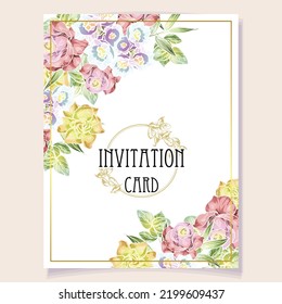 Vintage delicate greeting invitation card template design with flowers for wedding, marriage, bridal, birthday, Valentine's day. Romantic vector illustration.