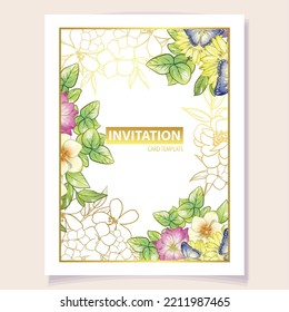 Vintage delicate greeting invitation card template design with flowers for wedding, marriage, bridal, birthday, Valentine's day. Romantic vector illustration.