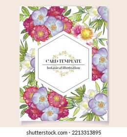 Vintage delicate greeting invitation card template design with flowers for wedding, marriage, bridal, birthday, Valentine's day. Romantic vector illustration.