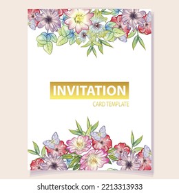 Vintage delicate greeting invitation card template design with flowers for wedding, marriage, bridal, birthday, Valentine's day. Romantic vector illustration.