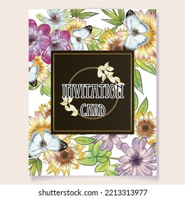 Vintage delicate greeting invitation card template design with flowers for wedding, marriage, bridal, birthday, Valentine's day. Romantic vector illustration.