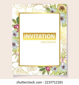Vintage delicate greeting invitation card template design with flowers for wedding, marriage, bridal, birthday, Valentine's day. Romantic vector illustration.